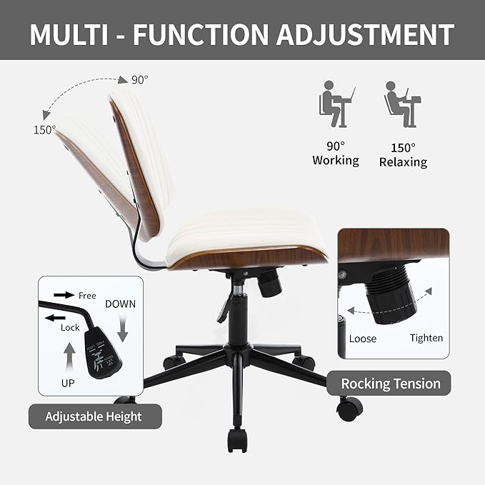 Small Home Office Chair - Armless Mid Back Desk Chair with 360° Swivel and Wheels, PU Upholstered Height Adjustable Modern Walnut Computer Chair for Home, Office Meeting Room - White
