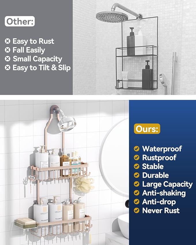 YASONIC Shower Caddy Hanging, Never Rust Shower Organizer Hanging, Aluminum Shower Racks for Inside Shower with Hooks for Razor, Bathroom Organizers and Storage with Soap Holder, Rose Gold