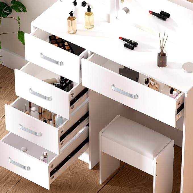 Vanity Desk with Sliding Mirror and Lights, Makeup Vanity Desk with Chiar and Storage, Vanity with Lights for Bedroom, Dressing Table for Teen Girls Women
