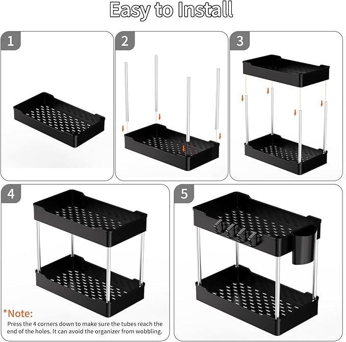 3 Pack Under Sink Organizers and Storage, 2 Tier Bathroom Cabinet Organizer Shelf with Hanging Cups for Kitchen & Bathroom (Black)