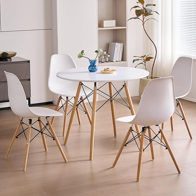 35.5'' 5 Piece Round Dining Table Set for 4, Mid-Century Modern Table with Chairs, Space Saving, Plastic Seats, Wood Legs, Circle Dinner Table for Kitchen, Home, Apartment, White