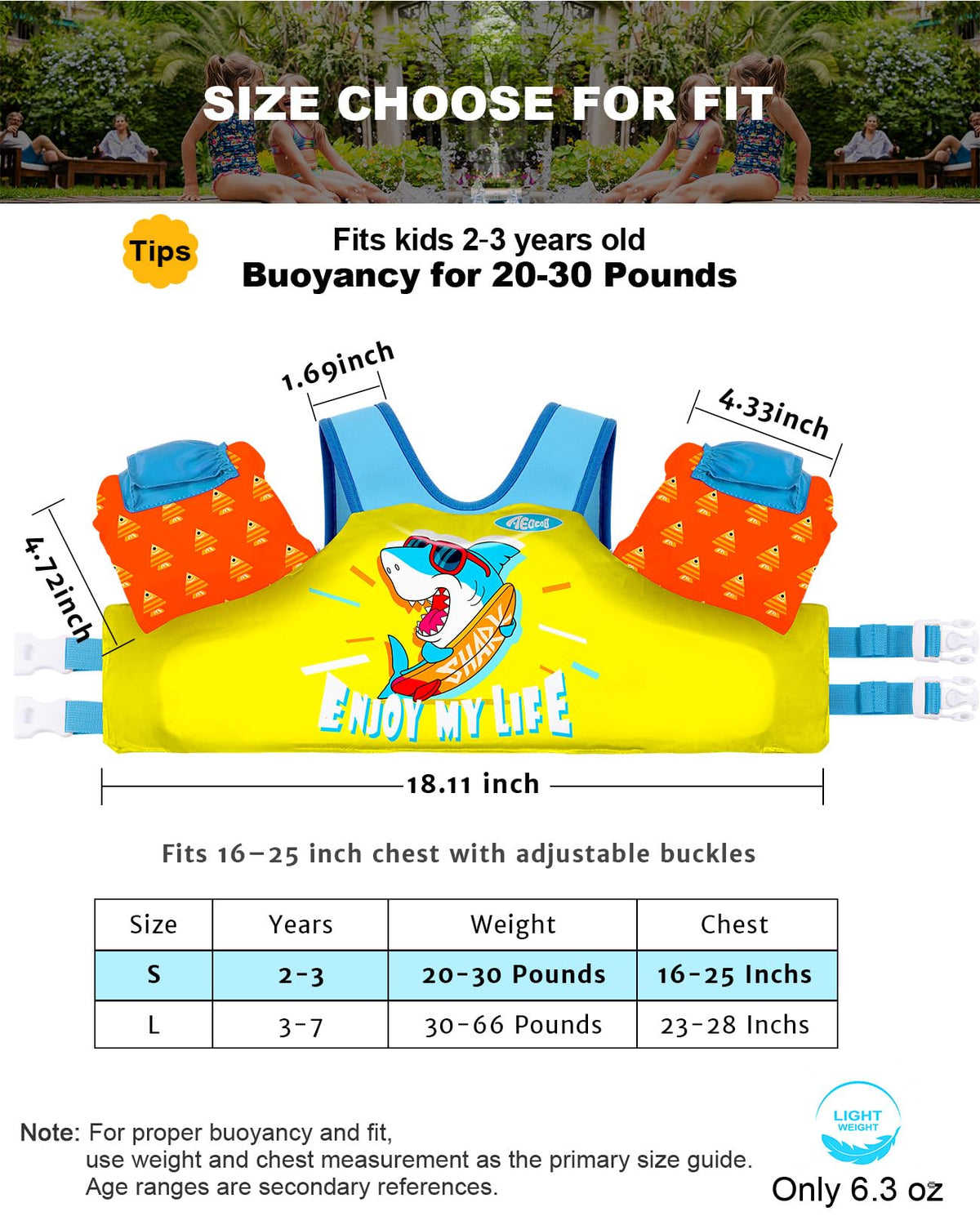 AEOCOO Puddle Float Jumper 20-30 Pounds, Toddler Swim Vest for 1-2 Years Old, Pool Floats with Swimming Arm Floaties Swim Jacket with Water Wings for Kids Swimmies, Boys, Girls, Niños, Shark
