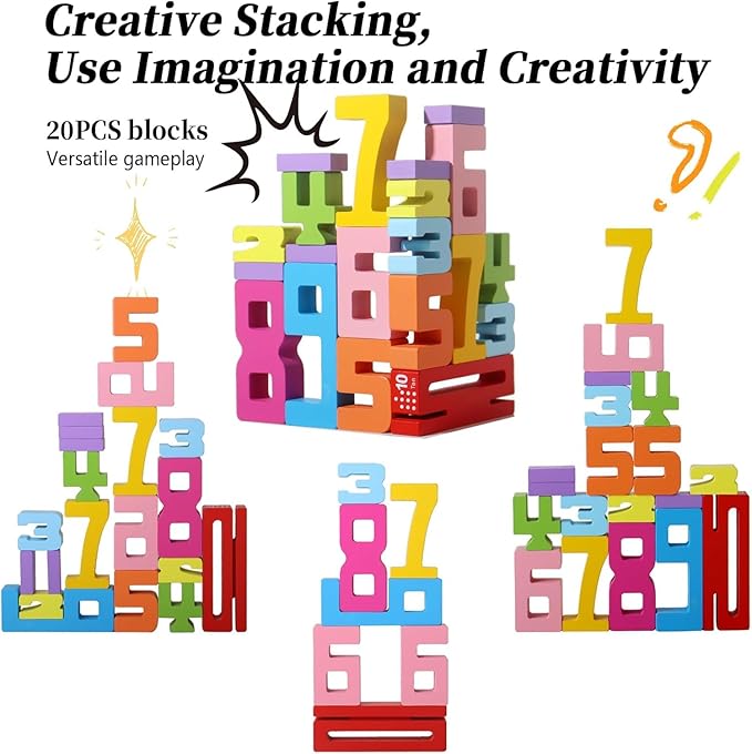 20PCS Wooden Number Building Blocks, Montessori Toys Math Learning Toys for Kids Digital Educational Counting Toys Learning Toys for Parent-Kids Interaction Social Skills Creative Games for Ages 3+
