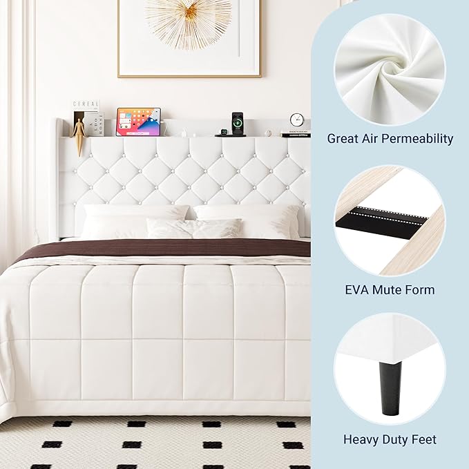 Allewie King Size Bed Frame, Storage Headboard with Charging Station, Wingback Velvet Upholstered, Diamond Stitched Button Tufted, Sturdy Wooden Slats, No Box Spring Needed, Easy Assembly, White