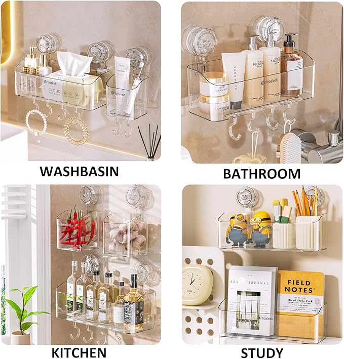 2-Pack Suction Cup Shower Caddy Set, Wall Mounted Suction Rack, Bathroom Shower Shelf Basket Set with Shower Organizer and Toothbrush Holder (No Drilling Required)