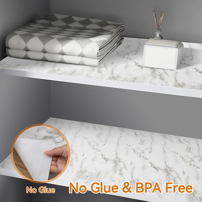Shelf and Drawer Liner for Kitchen Cabinets Non-Adhesive, Strong Grip Non-Slip Thickened Cabinet Liners for Shelves, Waterproof Mats for Dresser Cupboard, Marble, 24 in x 10 Feet