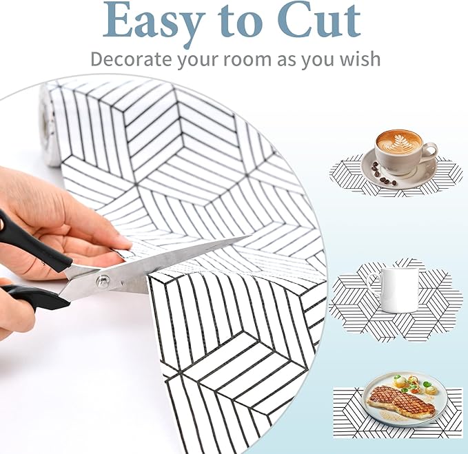 Shelf Liners for Kitchen Cabinets 17in x 20FT, Non Adhesive Cabinet Liner Strong Non-Slip Thickened Black White Geometric Drawer Liner, Easy to Clean for Shelf, Cabinet with Knife and Tape Measure