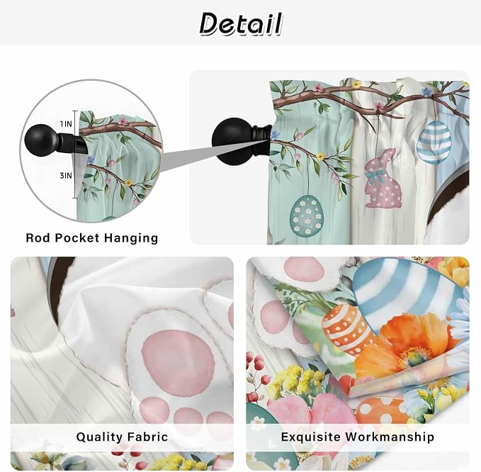 Easter Kitchen Curtains 54 Inch Long 2 Panel Set, Rod Pocket Window Curtains