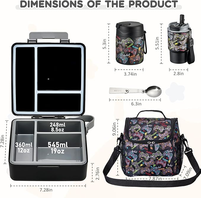 Lunch Box Set with Bento Box Container, 17OZ Stainless Steel Food Soup Thermo, Kids Water Bottle & Portable Insulated Lunch Bag – Leakproof, Hot/Cold Retention for School, Travel (Black-Game)