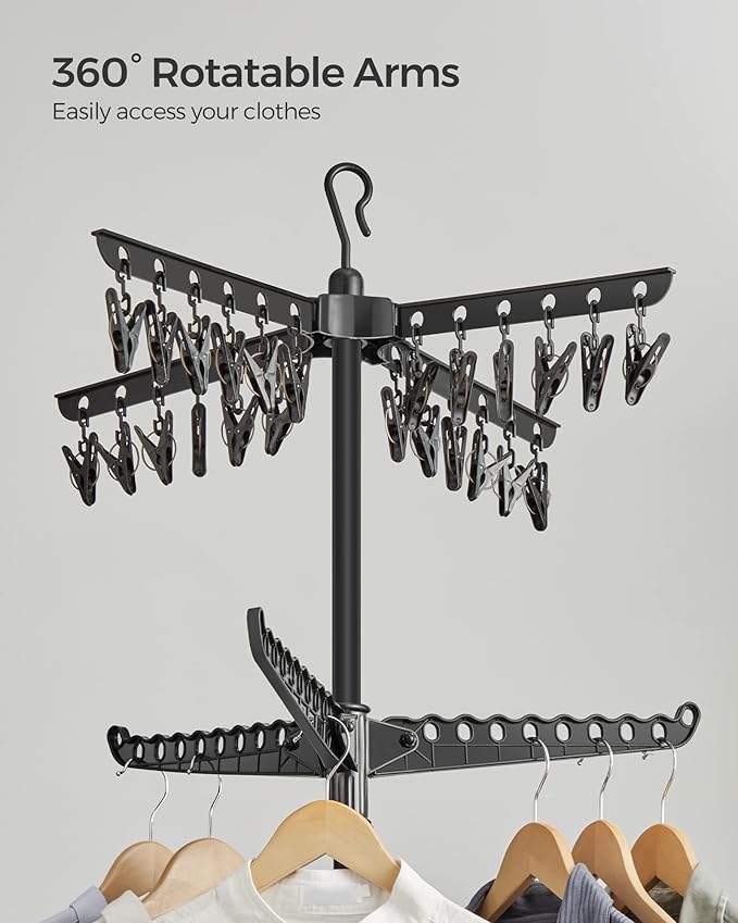 SONGMICS 2-Tier Clothes Drying Rack, 72-Inch Folding Laundry Drying Rack with 3 Rotatable Arms for Hangers, 24 Clips, Stainless Steel, for 27 Pieces of Clothes, Black ULLR512B01