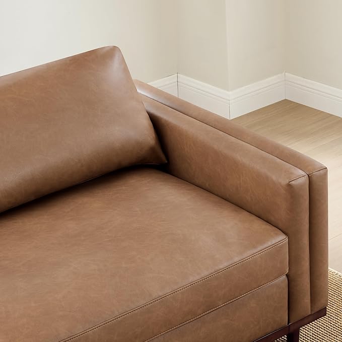 CHITA 114" Super Large Luxury V Shape Corner Sectional Modular Sofa, Down Filled Modern Sofa, Deep Seat Comfty Cloud Couch, 5 Seat Couch with Chaise, Solid Wood Leg, Faux Leather in Camel