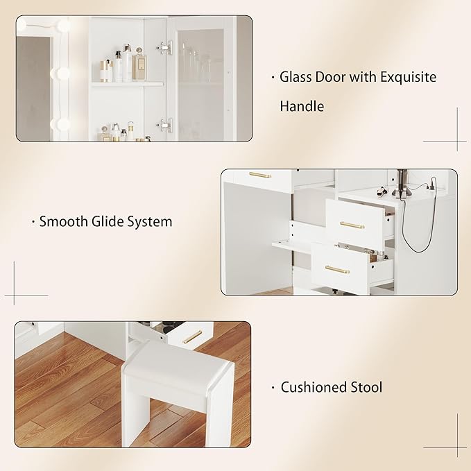 White Vanity Desk with Mirror, Lights & Charging Station, 58.3" 3 Lighting Modes Makeup Desk with 8 Drawers, 2 Cabinets and Lots Storage, Dressing Table Vanity Set with Lighted Mirror