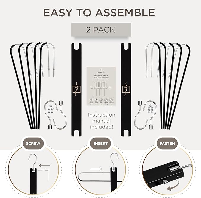 MORALVE Pants Hangers Space Saving - 2 Pack European Beechwood Scarf and Jean Hangers - Closet Organizer and Space Saver Pant Rack, Leggings Hanger, and Scarf Holder with 360° Swivel Hook