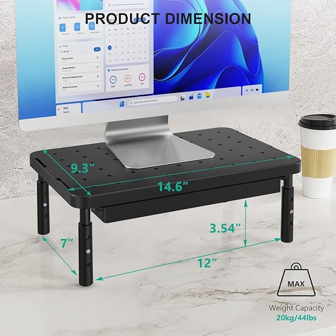 WALI Computer Monitor Stand with Storage, Desk Monitor Riser 3 Height Adjustable, Laptop Riser with Airflow Vents, Desk Organizer for Computer, Laptop, Printer (PTT002-B), 1 Pack, Black