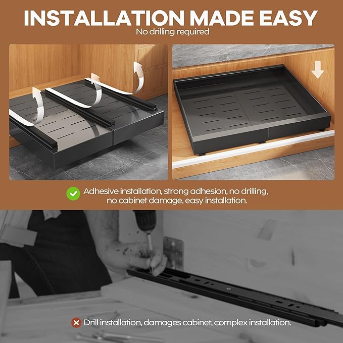4 Pack Expandable Width (15.15"-26.3") Pull Out Cabinet Organizer 21" Deep with Raising Pad for Framed Cabinets, Upgrade 3 Slide Rails Slide Out Drawers, Roll Out Shelves Adhesive, Black