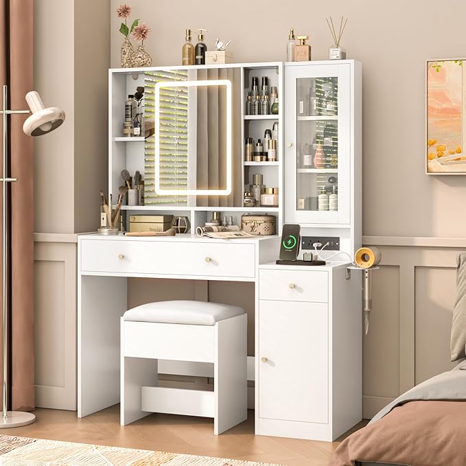 43 "White Makeup Vanity Desk w/Lights & Sliding Mirror,Adjustable LED Lighting, Vanity Table Set w/Stool,Power Outlet,Storage Drawers Shelves Cabinet,Vanity Set with Cushioned Stool for Girls Women