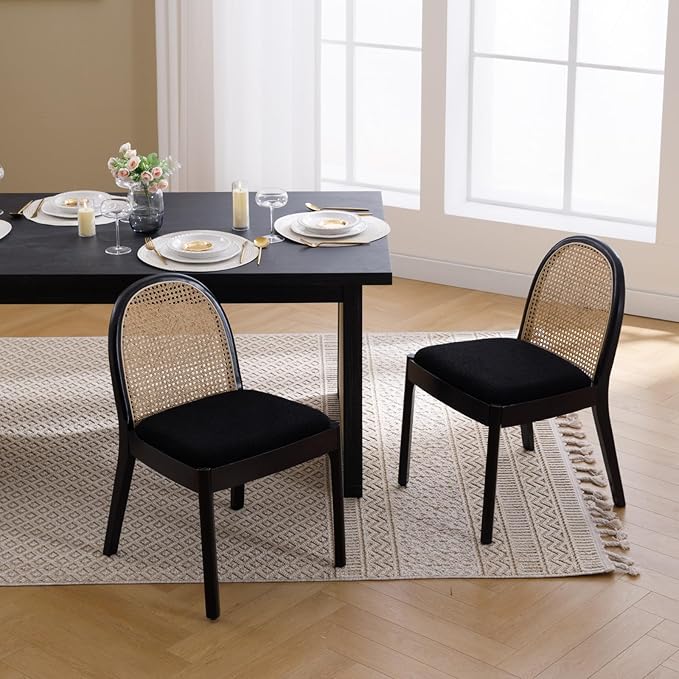 Mid Century Dining Chairs Set of 6, Accent Rattan Sherpa Fabric Side Chairs Kitchen Chair with Solid Wooden Legs for Living Room Dining Room, Black