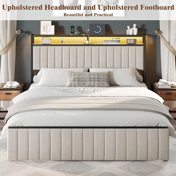 King Bed Frame with LED Light and Charging Station, Velvet Upholstered Headboard with Storage Shelf, Heavy Duty Metal Slats/No Box Spring Needed/Easy Assembly, Beige