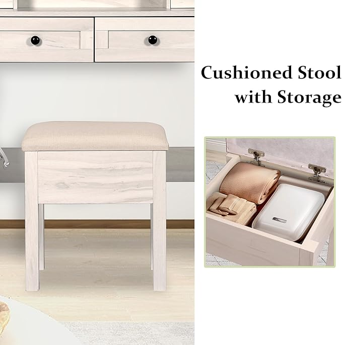 MISHAO Vanity Desk with Mirror and Lights, 31.4" Makeup Vanity with Power Strip, Dressing Table Set with 2 Large Drawers & Storage Stool,Vanity Mirror 3 Lighting Color Adjustable, Oak White