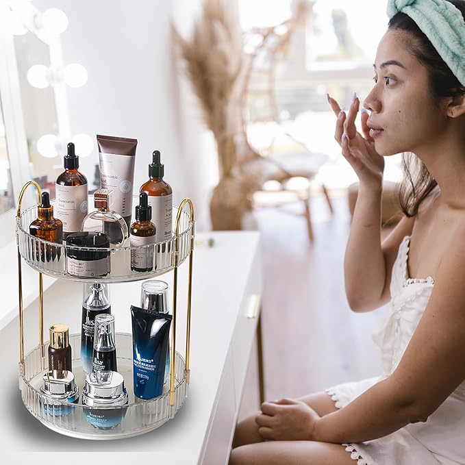 Rotating Makeup Organizer Countertop 2 Tier Lazy Susan Trays Clear Skincare Perfume Storage for Bathroom Counter Vanity, Transparent