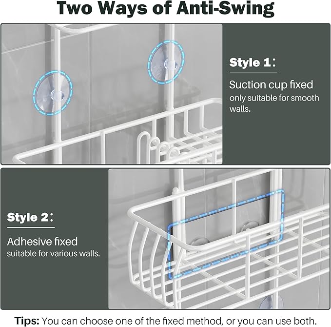 Epicano Shower Caddy Hanging, Anti-Swing Over Head Shower Caddy Rustproof with hooks for Towels, Sponge and more,White