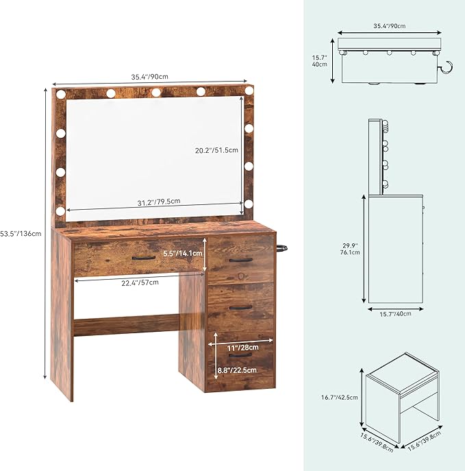 YITAHOME Makeup Vanity with Lighted Mirror, Vanity Desk with Power Outlets & Storage Drawers, Vanity Set with Stool for Dressing Area