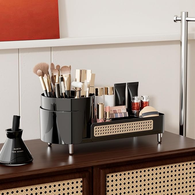 Rotating Makeup Organizer Countertop,Large Capacity Makeup Organizers for Vanity,2 in 1 makeup storage organizer for Bathrooms,Cosmetic Display Case (Black)