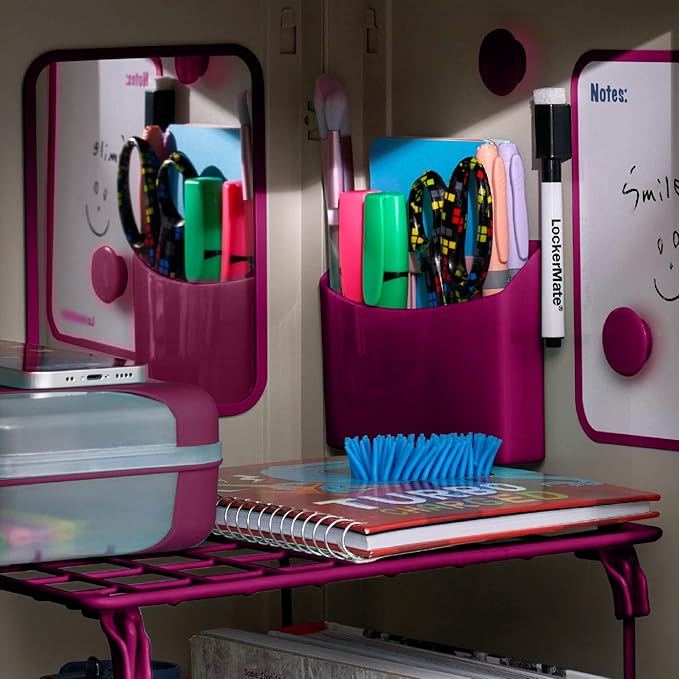 LockerMate 7-Piece Locker Organizer Kit, Includes Locker Shelf, Mirror, Whiteboard, Storage Cup & Dry Erase Marker, Pink