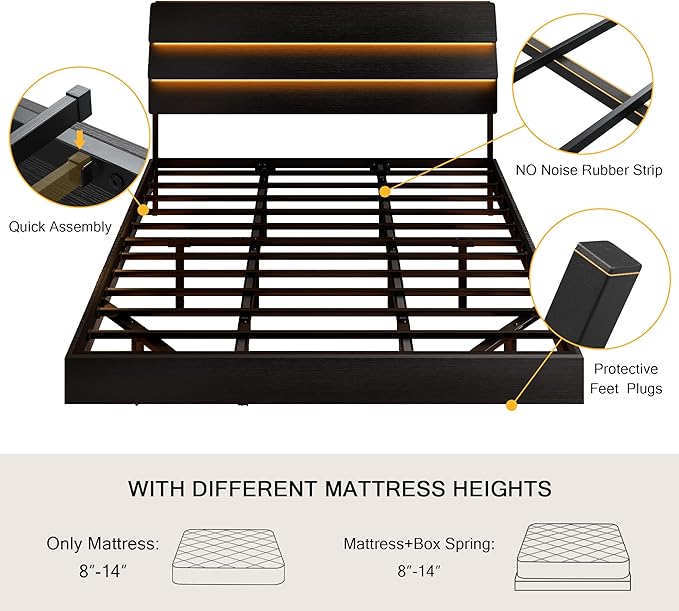 Floating Bed Frame King Size with Led Headboard and Charging Station, Metal Platform Bed Base with Storage, Remote Control, Heavy Slats Support, No Box Spring Needed, Noise Free, Black
