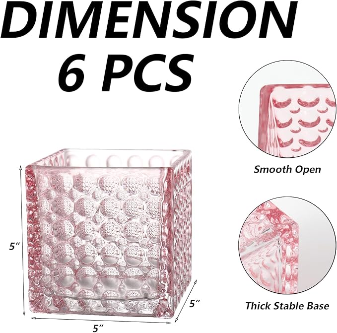 Square Vases Set of 6, 5" x 5" x 5" Square Glass Vases for Flowers, Pink Flower Vase for Centerpieces, Small Bubble Vase for Wedding, Party, Home, Office, Parties, Events