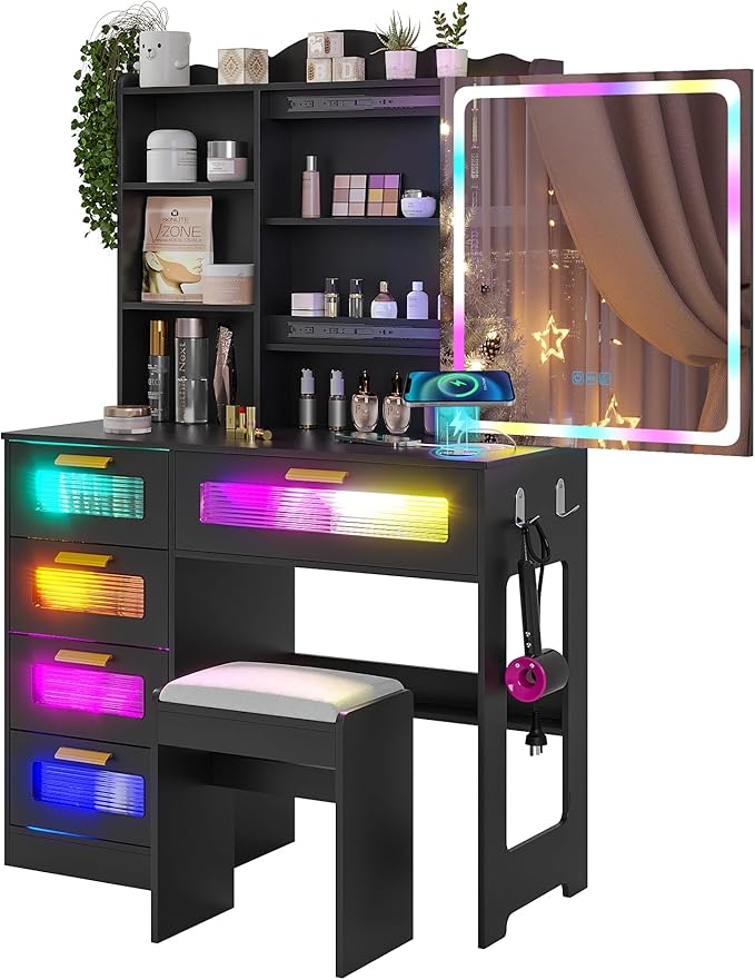 Vanity Desk with Lights and Sliding Mirror, Makeup Vanity Desk with Charging Station, Vanitys Dressing Table with Stool,LED Vanity Set with Large Drawers&Shelves for Bedroom, Decor, Black
