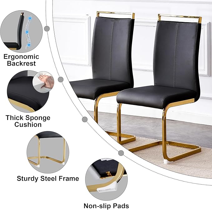 71" Dining Table Set for 6, Black Faux Marble Dining Room Table Set for 6, Large Rectangular Kitchen Table Set and PU Leather Chairs,Tempered Glass Glossy Table with Golden Leg