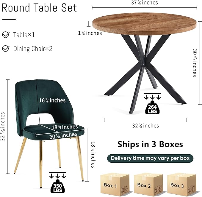 NORDICANA 3-Piece Dining Table Set for 2 - Space Saving 37-Inch Round Table and Chairs, 2 Seaters Dining Set with Upholstered Dining Chairs (Forest Green)