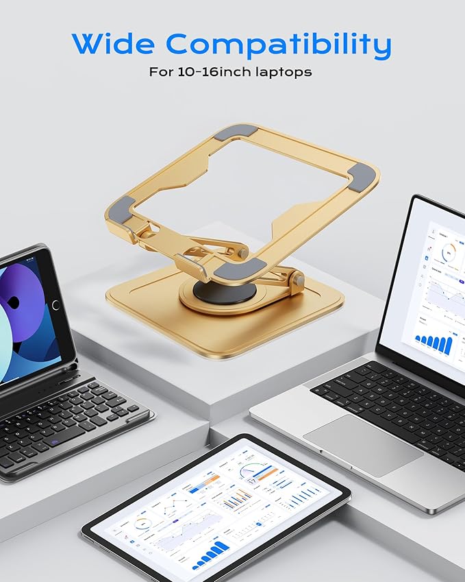 Adjustable Laptop Stand, Computer Stand with 360 Rotating Base, Ergonomic Laptop Riser Mount for Desk Foldable Protable Computer Desk Fits with MacBook Pro Air (10-16") - Gold