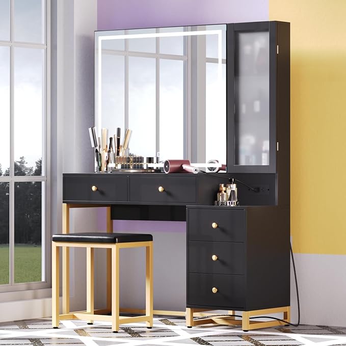 Vanity Set with Lighted Mirror and Charging Station, Extra Large Mirror Makeup Vanity Table with Cushioned Stool,5 Drawers, Modern Vanity Table with Nightstand (Black, Large)