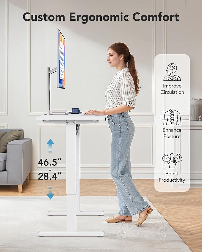 HUANUO Electric Small Standing Desk, 35" x 20" Whole Piece Desktop, Adjustable Height Computer Desk, 4 Height Memory Settings, Sit Stand Up Desk for Home Office, White