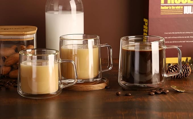 CNGLASS 10oz Glass Coffee Mugs,Double Wall Insulated Glass Mugs with Handle,Clear Espresso Mug for Latte,Cappuccino,Tea Bag,Set of 2