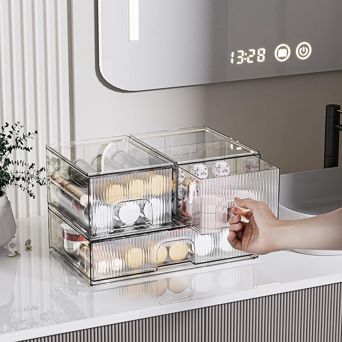 ZHIAI 3 Pack Clear Stackable Cosmetic Organizer with Acrylic Drawers for Cosmetics and Small Items for Dresser, Vanity, Kitchen Cabinet, Pantry, Home Organization and Storage