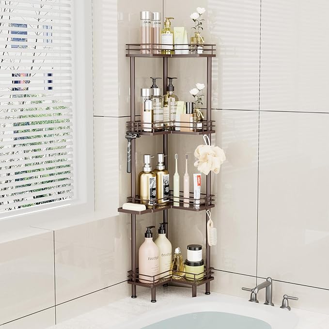 Consumest Corner Shower Caddy Standing - 4-Tier Stainless Steel Shower Organizer with Soap Holder and 4 Hooks, Large Capacity Corner Shelf Stand for Bathroom, Rest Room, Bronze