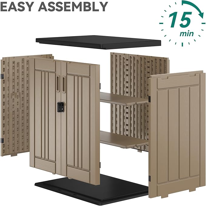YITAHOME Outdoor Storage Cabinet with 2 Shelves, Waterproof Resin Horizontal Tool Shed, Lockable 15 cu. ft. Storage Shed for Patio, Garden, Yard, Brown