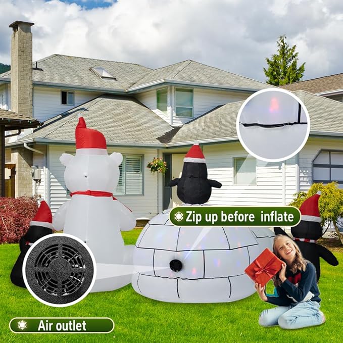 Christmas Inflatable Decoration, Sida-Earcy 10FT Polar Bear Snowball Igloo Lighted Blow Up Christmas Decorations Outdoor with Colorful Rotating LED Lights for Christmas Yard, Garden, Lawn