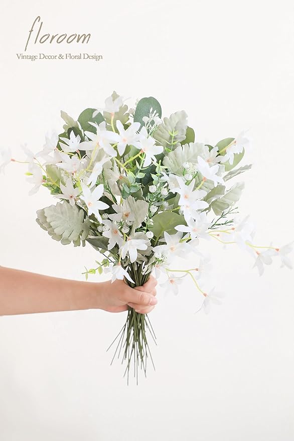 Floroom Artificial Greenery Stems Box Set, 97pcs with 6 Kinds of Faux Greenery Flowers Picks for DIY Bridal Bouquets Wedding Floral Arrangement Table Centerpieces, Sage Green & White