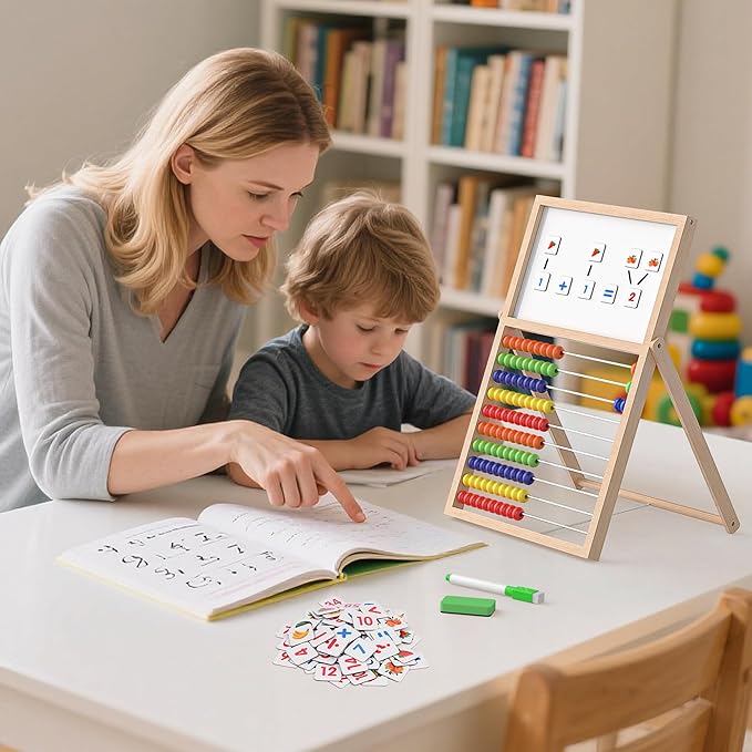 Wooden Abacus for Kids Math - Double-Sided Blackboard Whiteboard for Toddlers with 308 Magnetic Number & Fruit Cards, 100 Counting Sticks Montessori Educational Toys Homeschool Essentials