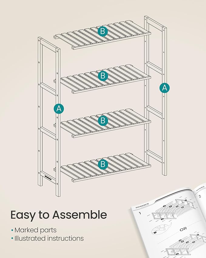 SONGMICS Bamboo Storage Shelf, 4-Tier Shelving Unit, Multifunctional, in The Entryway, Bathroom, Living Room, Balcony, Kitchen, 10.2 x 23.6 x 39.4 Inches, Light Bamboo UBCB034Y01