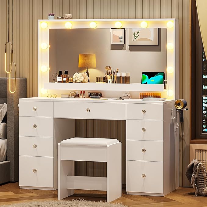 Hasuit Makeup Vanity Desk with Large Lighted Mirror and 9 Drawers, Large Vanity Desk with Storage Rack, Hook, Crystal Handle, White Bedroom Dressing Table Set with Charging Station, Lights Adjustable