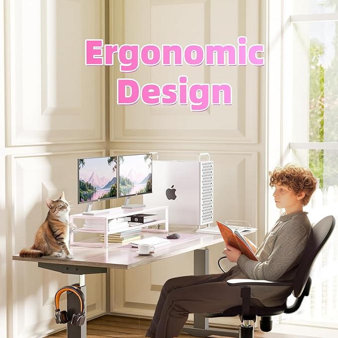 Simple Trending 2 Tier Metal Dual Monitor Stand Riser, Computer Office Desktop Organizer for 2 Monitors with 32"x10" Mouse Pad for Laptop, Printer, TV, Pink