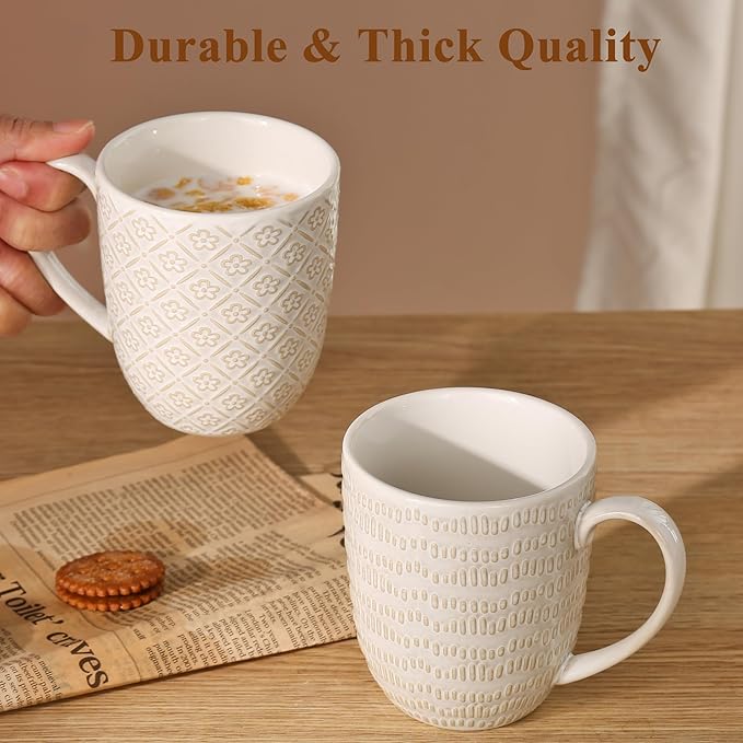 Embossment Coffee Mugs Set of 4, 12 oz Ceramic Coffee Cups Set, White Tea Cups with Large Handle for Latte, Cappuccino, Mocha, Cocoa, Microwave & Dishwasher Safe