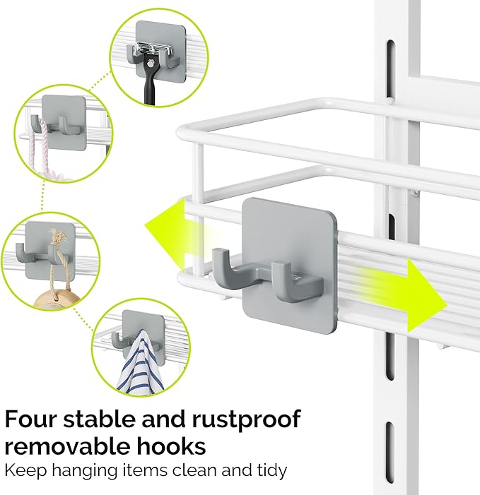 Orimade Over The Door Shower Caddy Adjustable 4 Tier White,Bathroom Hanging Organizer Shelf Rustproof with 4 Hooks,Shower Basket with Soap Holder and Suction Cup