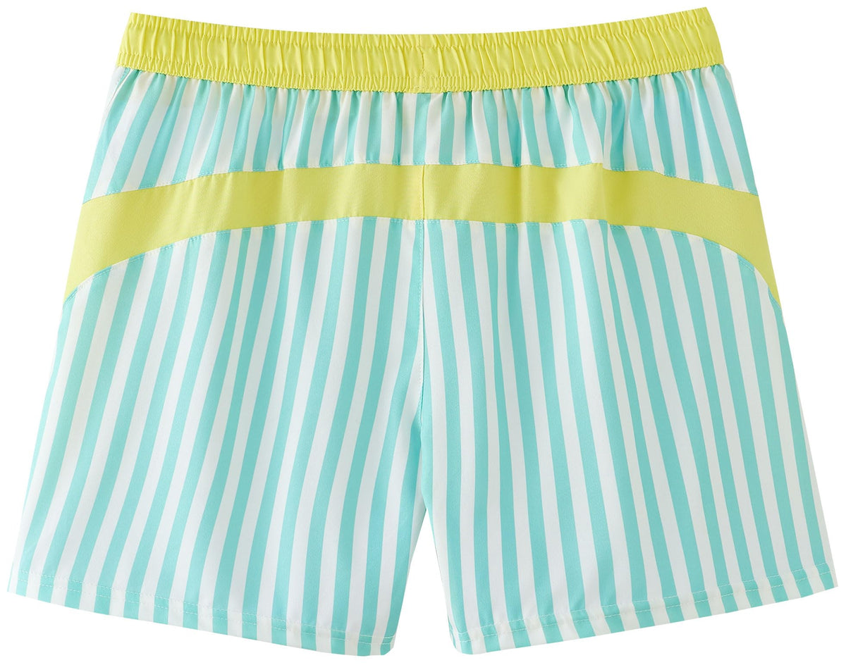 UMELOK Boys Swim Trunks with Compression Liner Kids Stretch Quick Dry Swimming Shorts Toddler Bathing Suit with UPF 50+ Green and White Stripes,10-12Y