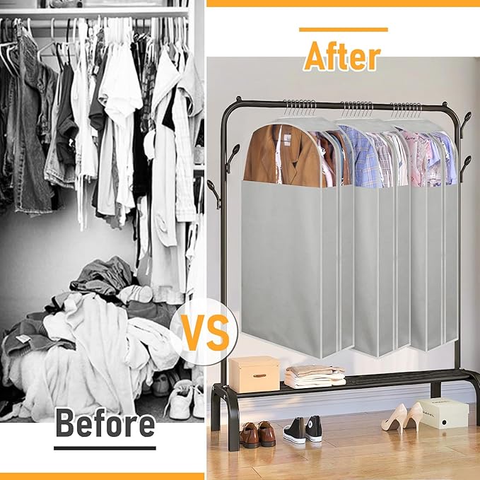 MISSLO 10" Gusseted Garment Bags for Hanging Clothes 40" Clear Suit Bags for Closet Storage Suits Cover Coat Protector, 3 Packs, Grey